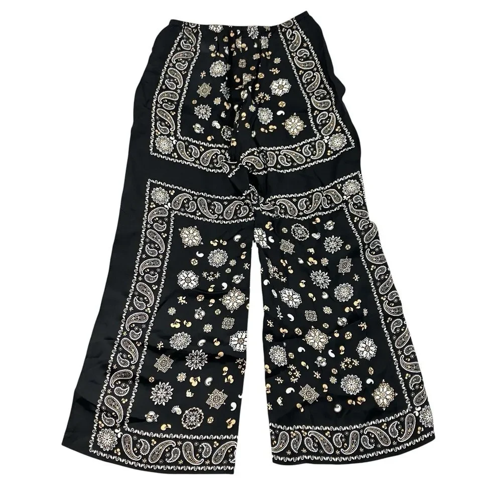 J Crew Cosmo Pants SP Petite S Black Bandana Paisley Print Wide Leg CS470